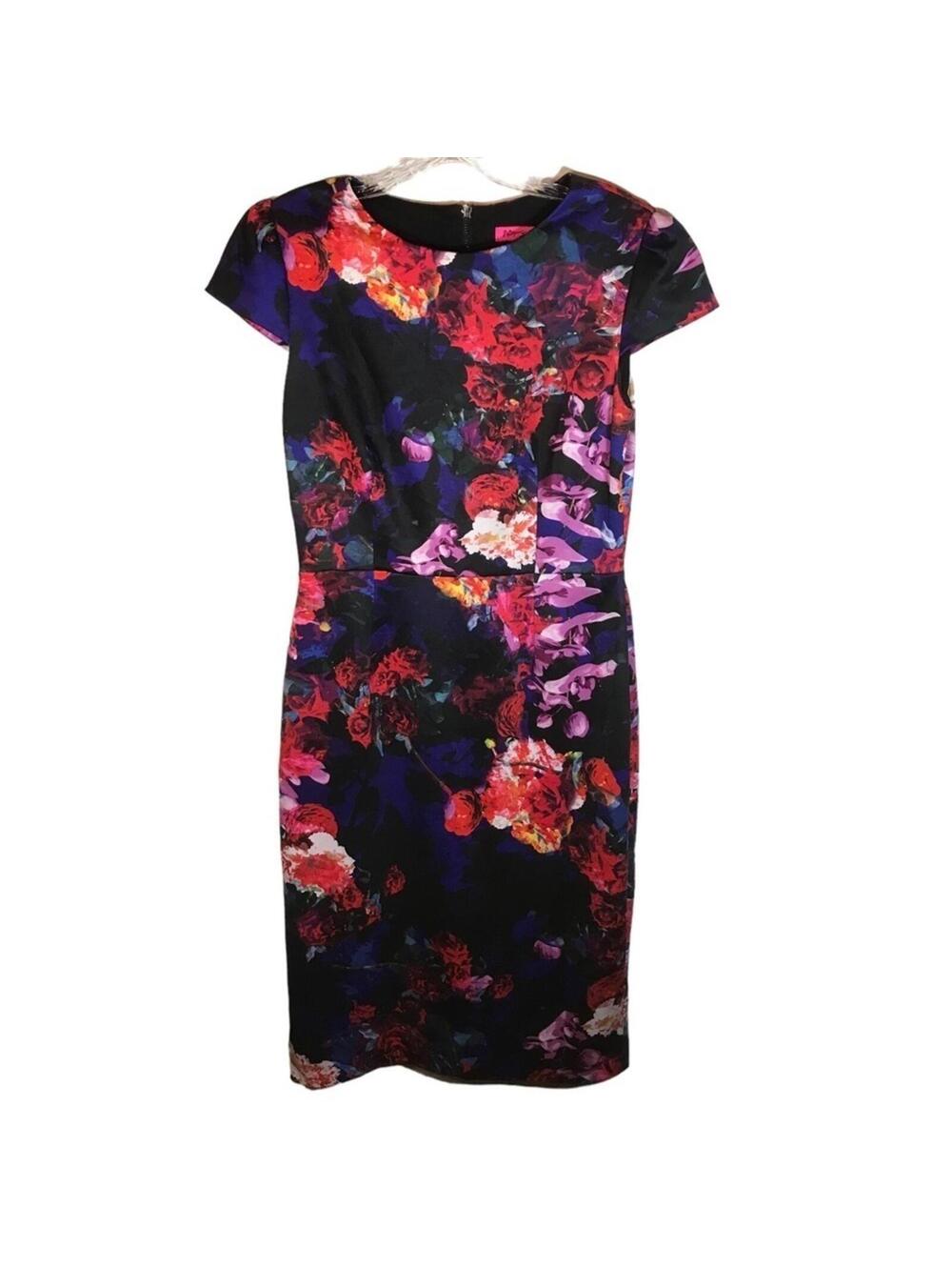 Betsey Johnson Floral Sheath Dress Women 6 Black Multicolor Party Homecoming